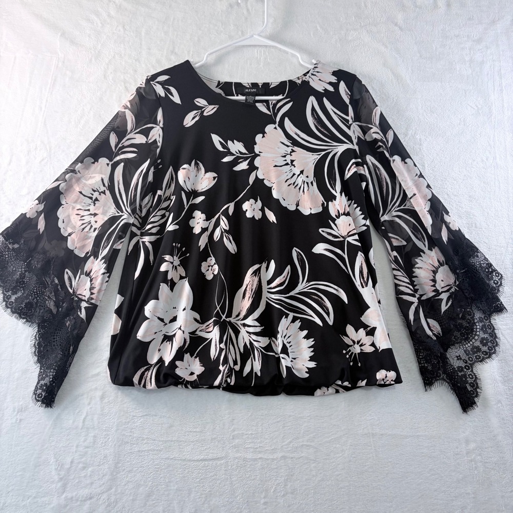Alfani Blouse Floral Black Bell Sleeve Lace Trim Size S
